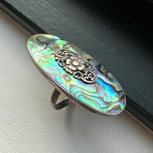 Unique Vintage Sterling Silver and Abalone Ring - Size